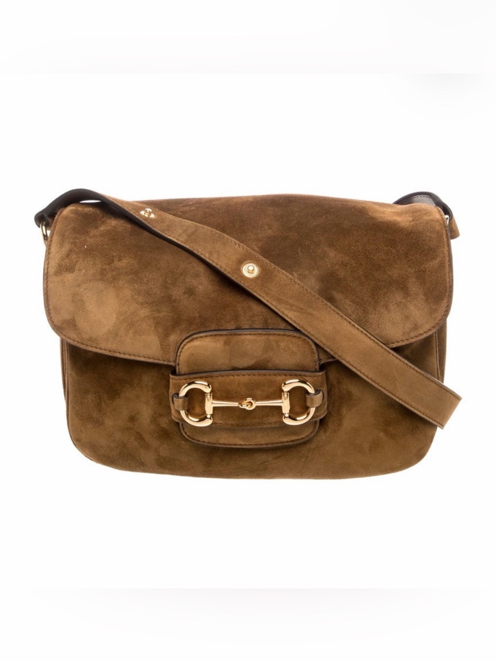 Gucci Brown Suede Horsebit 1955 Aura Shoulder Bag with Gold Hardware